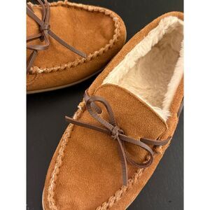 J. Crew Sherpa-Lined Suede House Slippers Mens 7 Cozy Caramel Moccasin Slip-Ons‎
